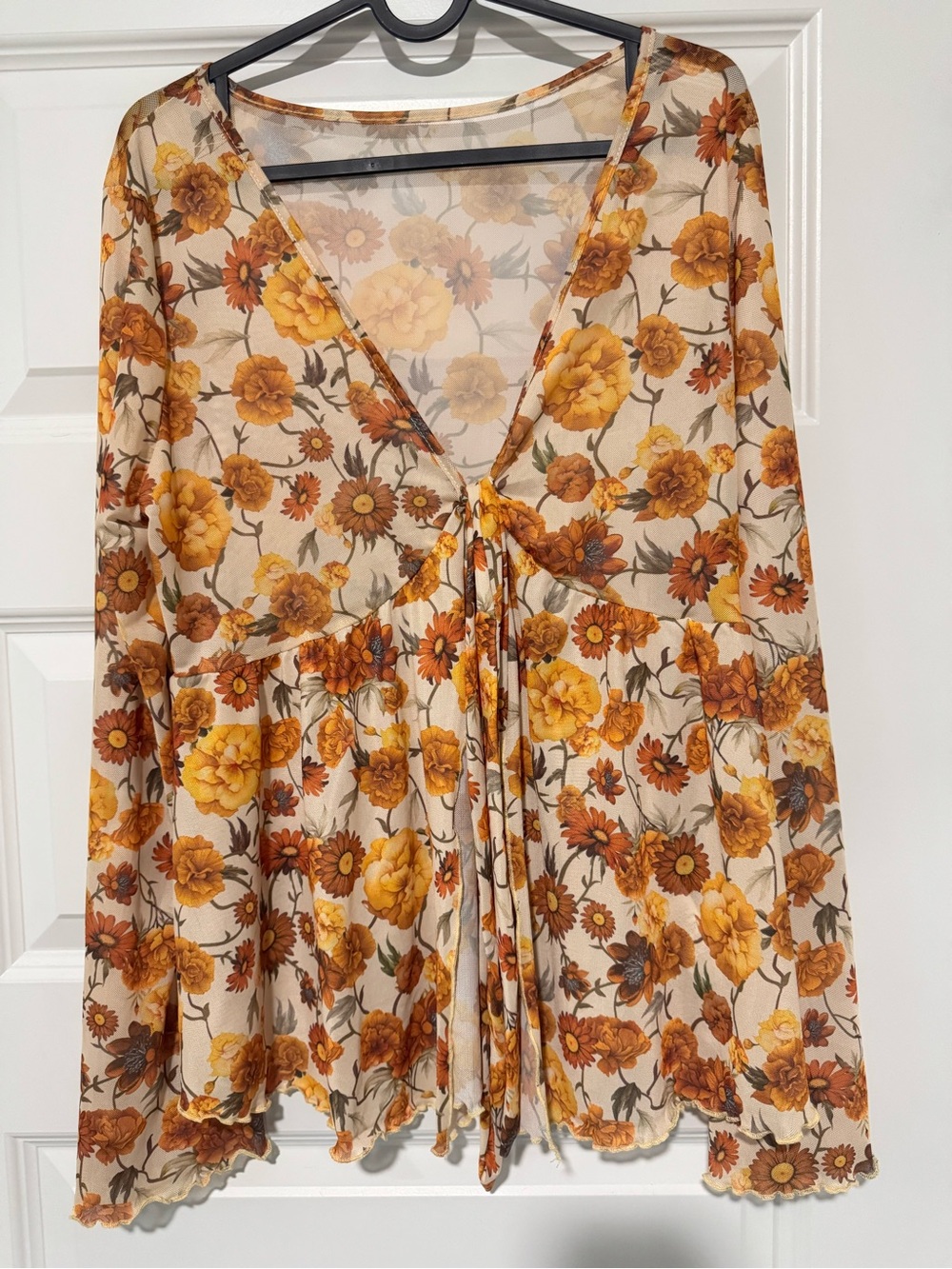 Sheer Floral Tie-Front Blouse in Yellow & Brown